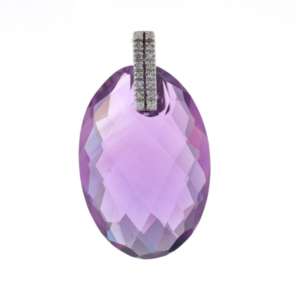 White Gold Amethyst & Diamond Pendant - 14k Oval Checkerboard 31.58ctw